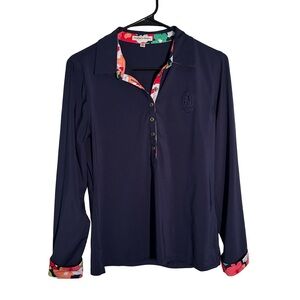 Fairway & Greene Navy Button Down Shirt with Floral Trim